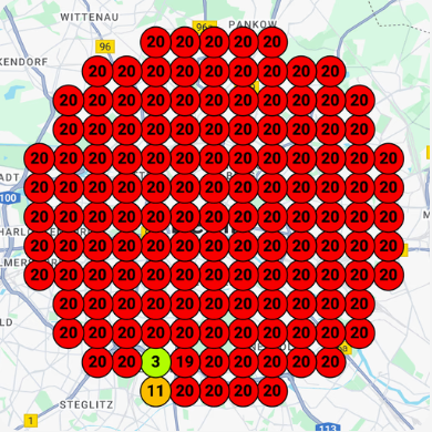 Illustrative map: dense local rank grid before optimization, mostly weaker positions.