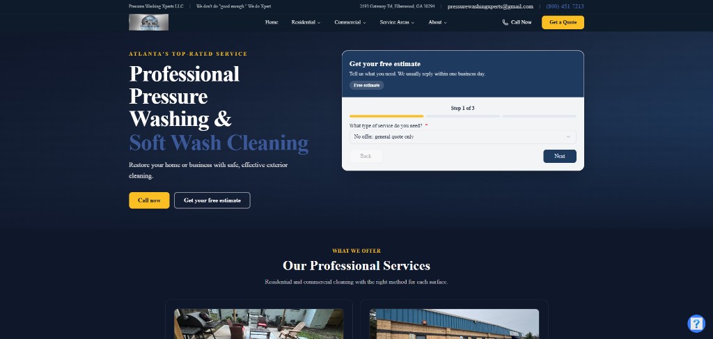 Pressure Washing Xperts website homepage and estimate form preview